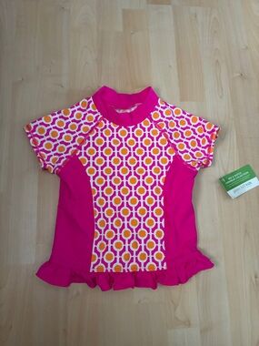 Garnet Hill Girls Pink and Orange Geometric Rashguard